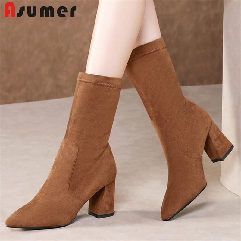 

ASUMER 2020 new arrival ankle boots for women flock pointed toe autumn winter stretch boots high heel dress shoes ladies, Black