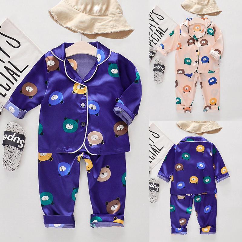

1-5 Year baby kids clothes set baby pajamas Toddler Kids Boy Girl Satin Cartoon Button-Down Pants Pajamas Sleepwear 20211, Pink