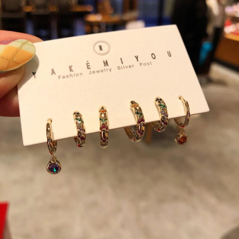 

2021 Korean Style Colorful Zircon Micro-Inlaid Hoop Earrings Simple Temperament Earrings 6-Piece Set For Women Exquisite Jewelry