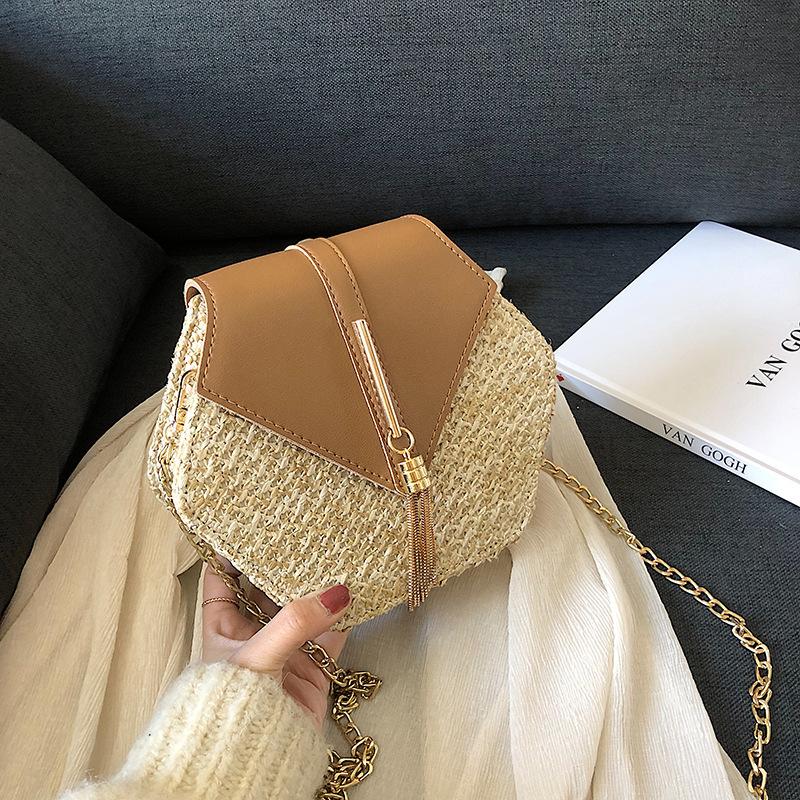 

Hot Hexagon New Mulit Style Straw+PU Chain Messenger Bags Women Summer Rattan Handmade Woven Beach Boho Bags bolso feminina, Black