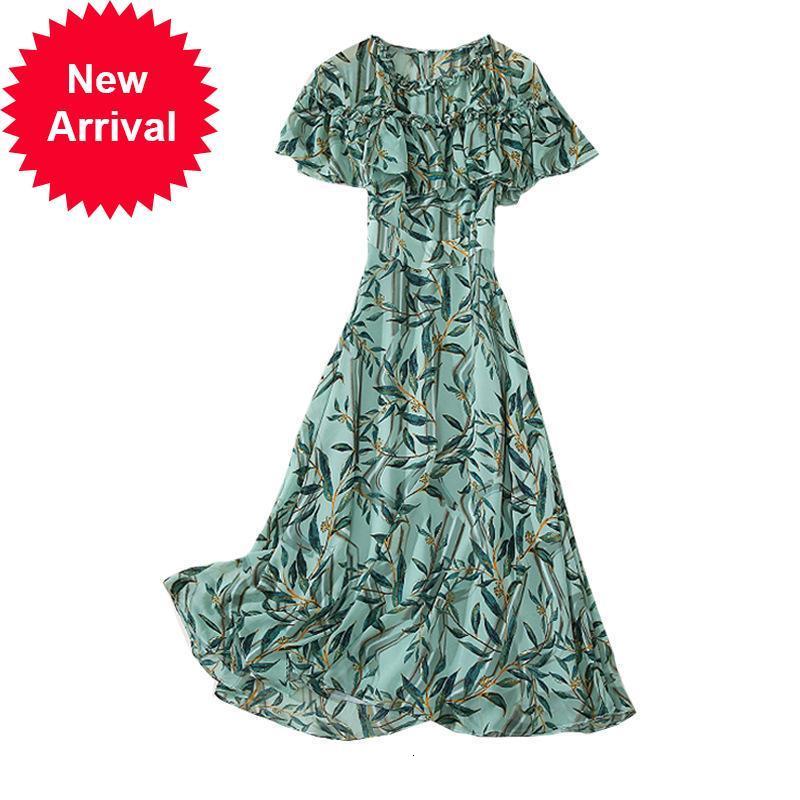 

High 2021 New Quality Fine Women Dressed in Holiday Summer Frills Frilly Green Printing Thin Dress Long Luxury Clothing Design YPCT, Blue