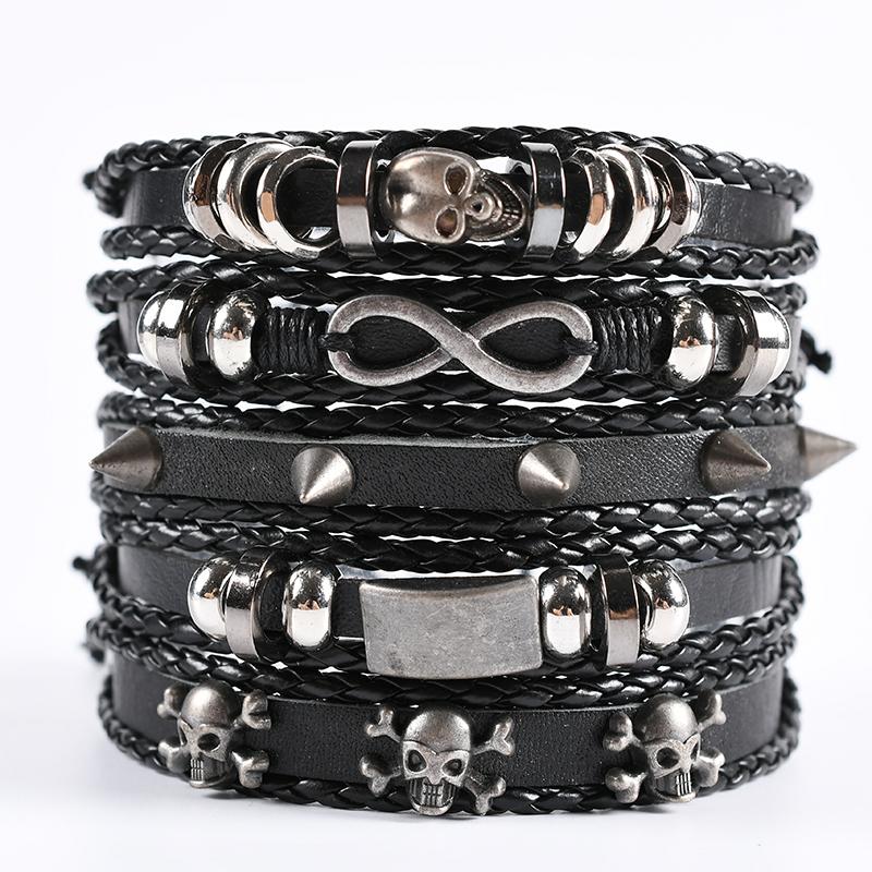 

5pcs/set black wrapped woven handmade men's accessory bracelets men and women leather bracelets men's wholesale
