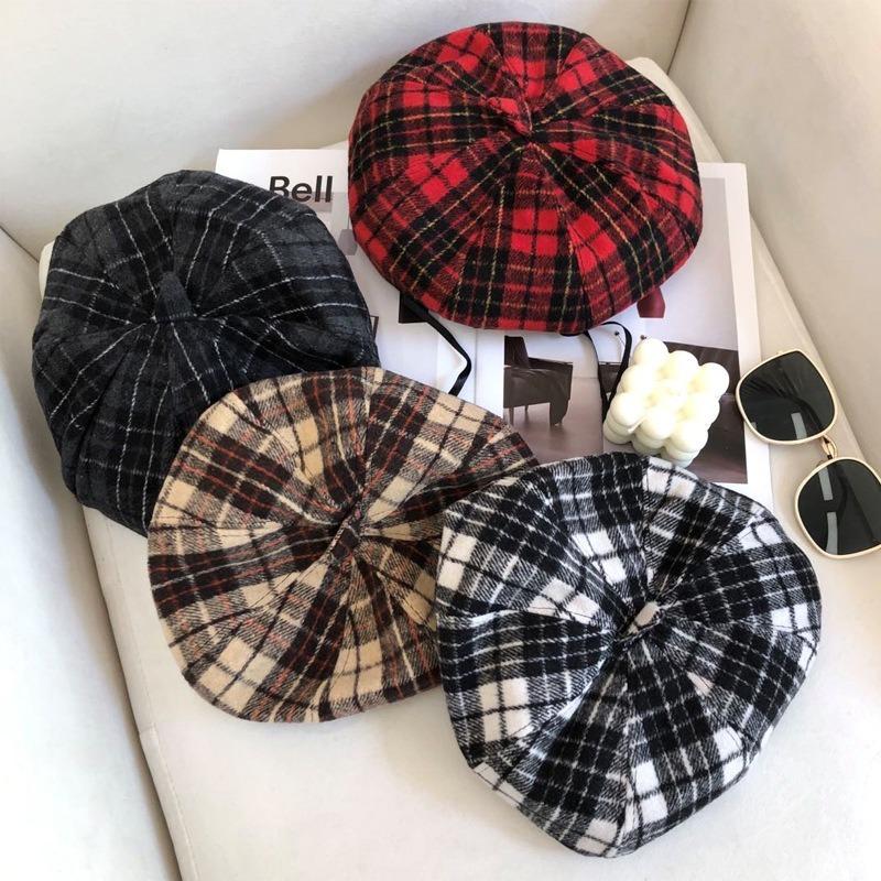 

Berets Pragmapism Fashion Girl Autumn Winter Woolen Retro British Plaid Painter Hats Beret Sboy Octagonal Hat Women