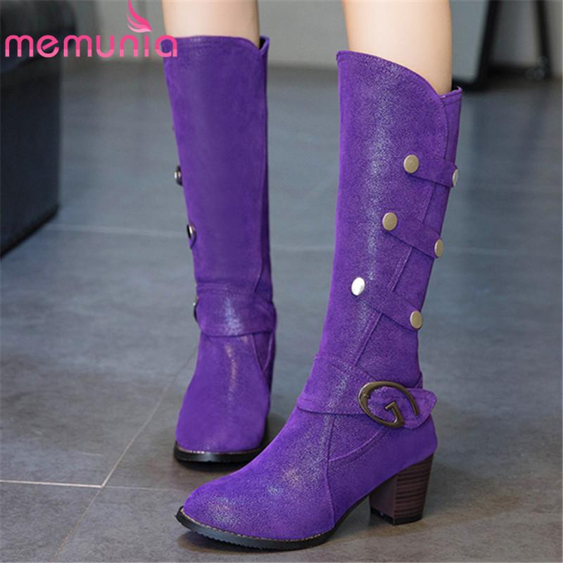 

MEMUNIA 2020 new arrival mid calf boots women round toe autumn winter high heels shoes rivet buckle ladies boots big size 48, Beige