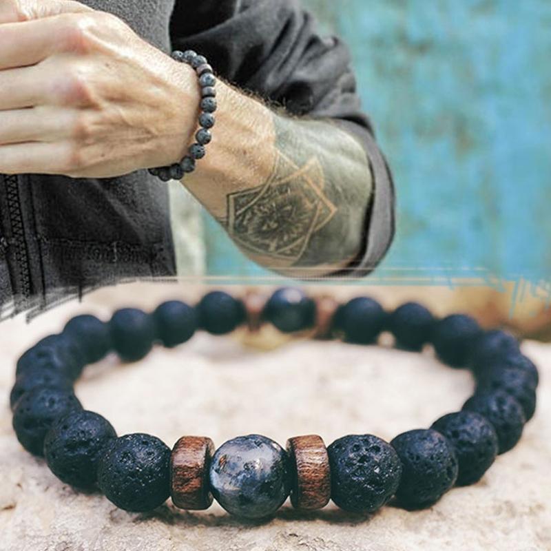 

Natural Volcanic Lava bracelet Rock Stone Strand Bracelets Wood bead Black Charm Stone jewelry Women Men accessories Gift