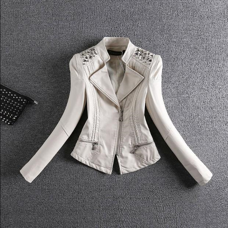 

Female Spring 2021 New Short Leather Jacket Geiv, White