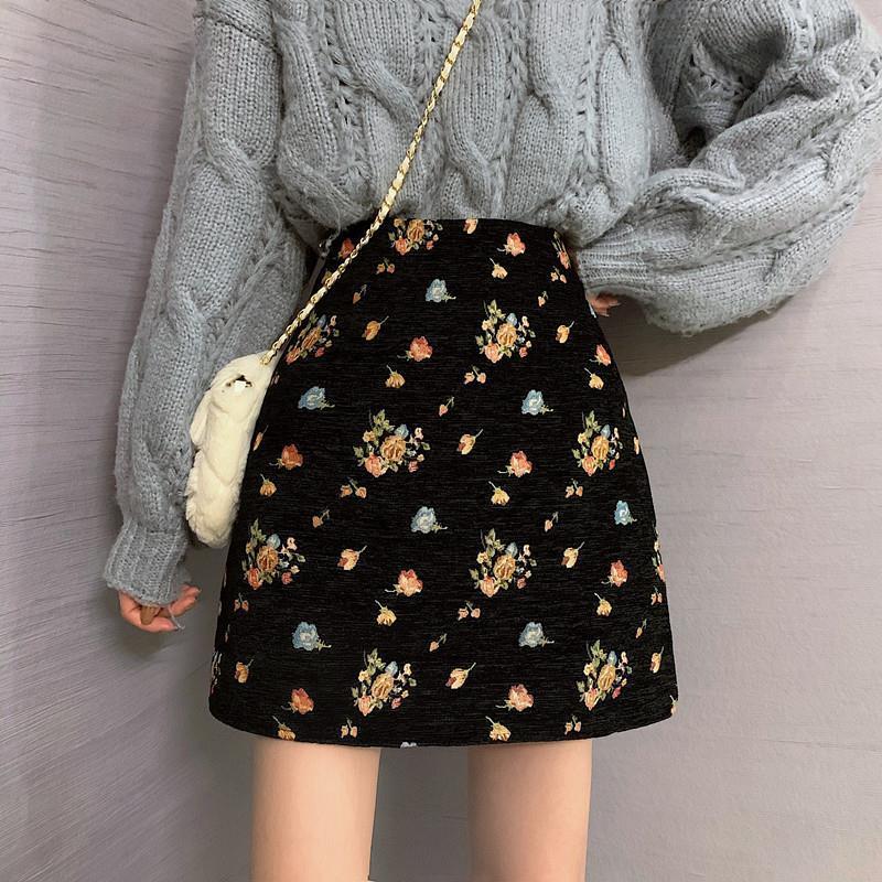 

spring 2021 New vintage female skirt failed mujer black fashion floral print short sexy skinny a line y383 skirts W5OL, Kase