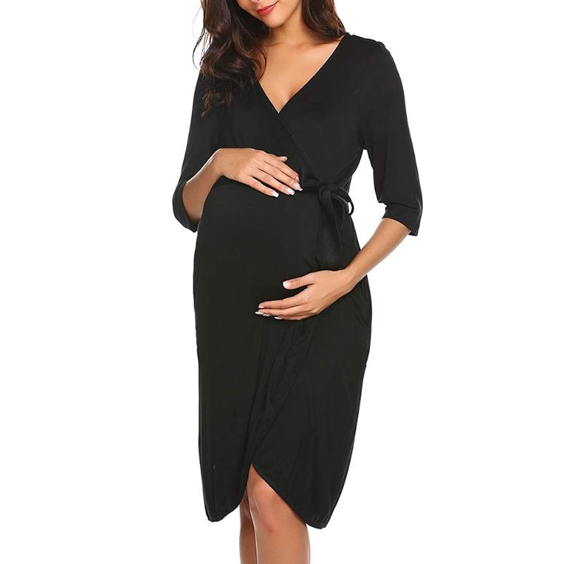 

Maternity Nightwear Women Pregnant Nusring Breastfeeding Solid Belt Frenulum Nightwear Dress zwangerschaps pyjama 2020 New D30, Black