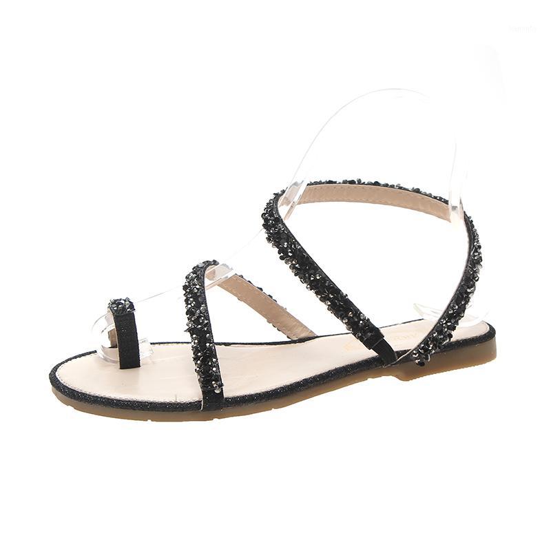 

Wild rhinestone sandals female 2020 summer new fairy style wear flat bottom fashion ins student roman shoes tide1, Black