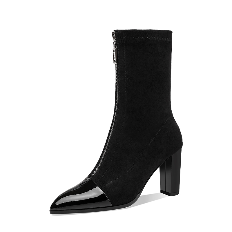 

2021 New Sexy Patchwork Genuine Leather Black Red Women's Ankle Boots Poined Toe High Heels Pumps Winter Dancing Party Shoes Woman 8tee