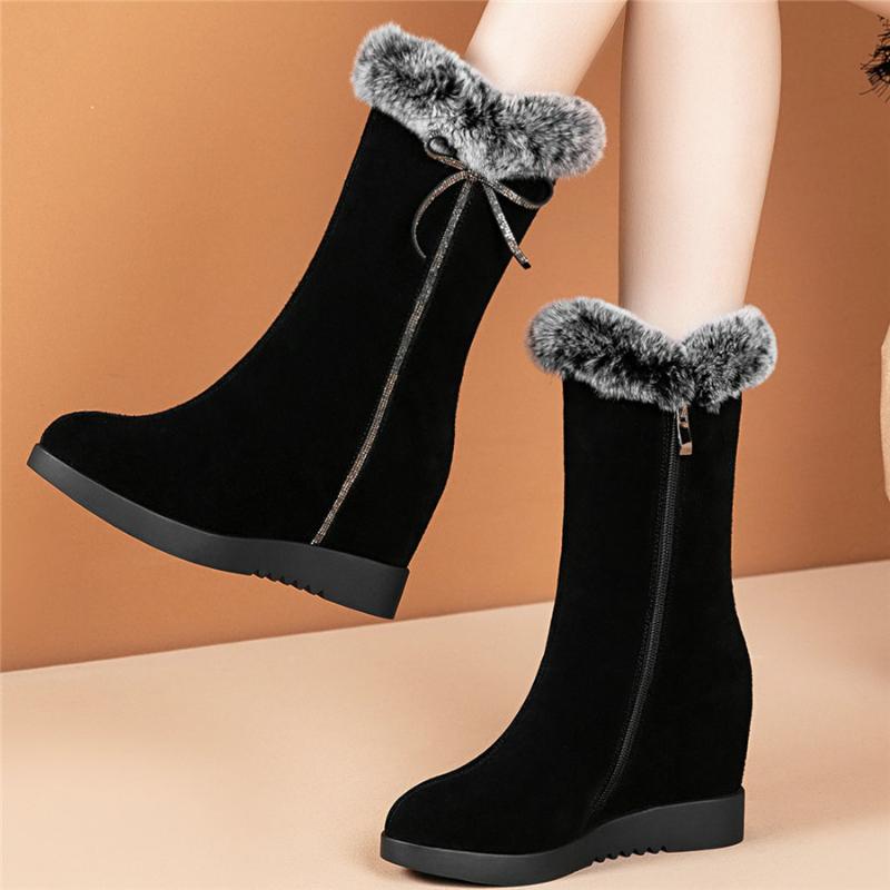 

Warm Fur Creepers Women Genuine Leather Wedge High Heel Snow Boots Female Winter High Top Platform Oxfords Diamonds Shoes, Black