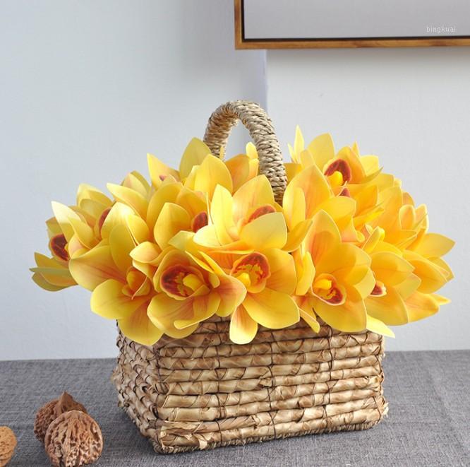 

Artificial Cymbidium Simulation silk flower home living room decorative flower 6 colors 4 heads 1 bouquet1, As pic