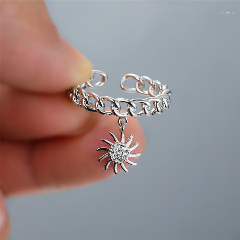 

Simple Female White Round Open Ring Charm Silver Color Wedding Rings For Women Crystal Sun Flower Pendant Engagement Ring1