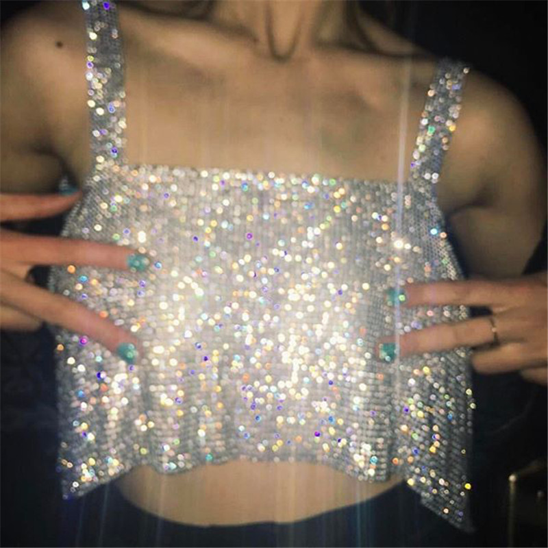 

Glitter Nightclub Backless Rhinestone Tank Women Sexy Metal Crystal Diamonds Sequined Night Club Party Wear Crop Top Y200326, Black