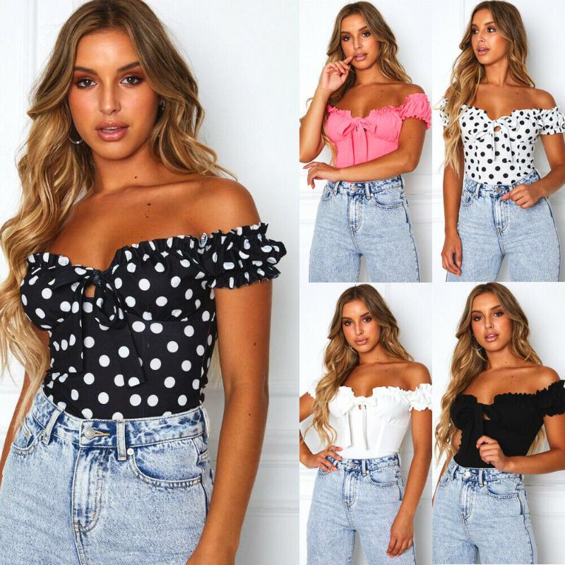 

Bandage Sleeveless Crop Tops 2020 New Fashion Women Summer Ruffle Polka Dot Solid Casual Sexy Off Shoulder Tank Top Vest, Black