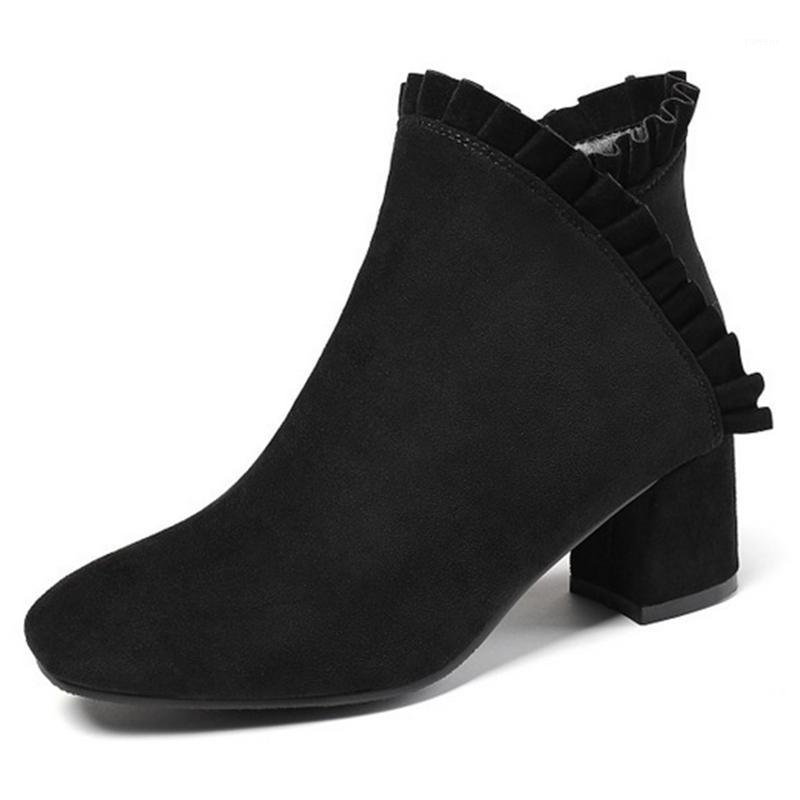 

2021 New Flock Ankle Boots Square High Heel Fashion Short Boots Autumn Winter Round Toe Side Zipper Women Shoes Size 34-431, Black