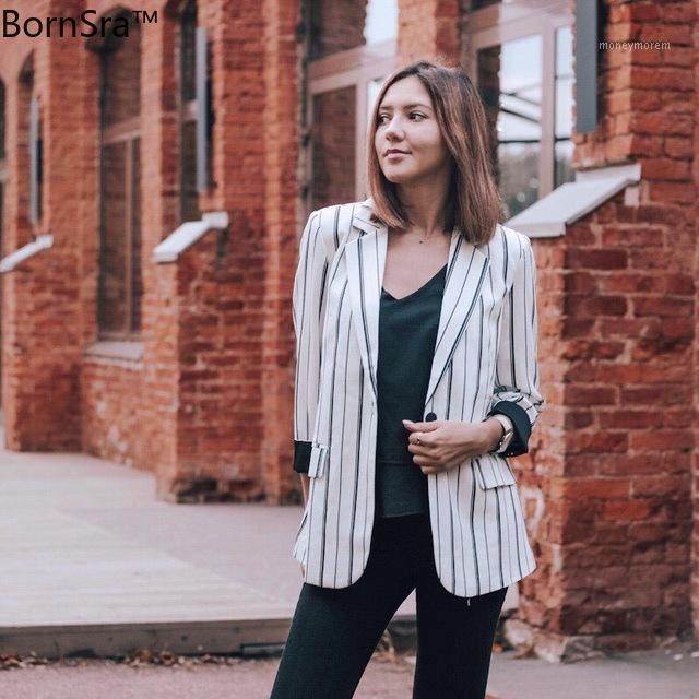 

BornSra Women Striped Blazer Autumn Female Work Jacket Vintage High Quality Fashion Office lady Blazers Feminino Black White1