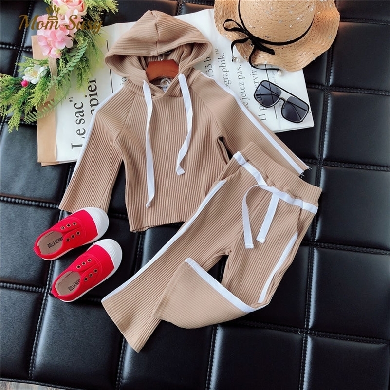 

Fashion Baby Girl Ribed Clothes Set Cotton Hooded Shirt+Pant 2PCS Autumn Spring Toddler Girl Long Sleeve Clothing Set 1-7Y 201031