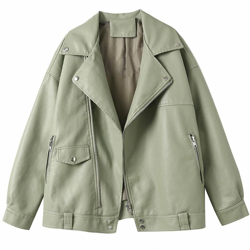 

Top Quality Female New Design Spring Autumn PU Leather Jacket Women Faux Soft Leather Coat Loose Rivet Zipper Motorcycle Jackets, Beige