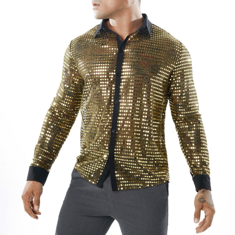 

New Men' Sexy Sequin Transparent Shirt Black See Through Shirt Male Long Sleeve Nightclub Shiny Gold Dance T-Shirt -2XL
