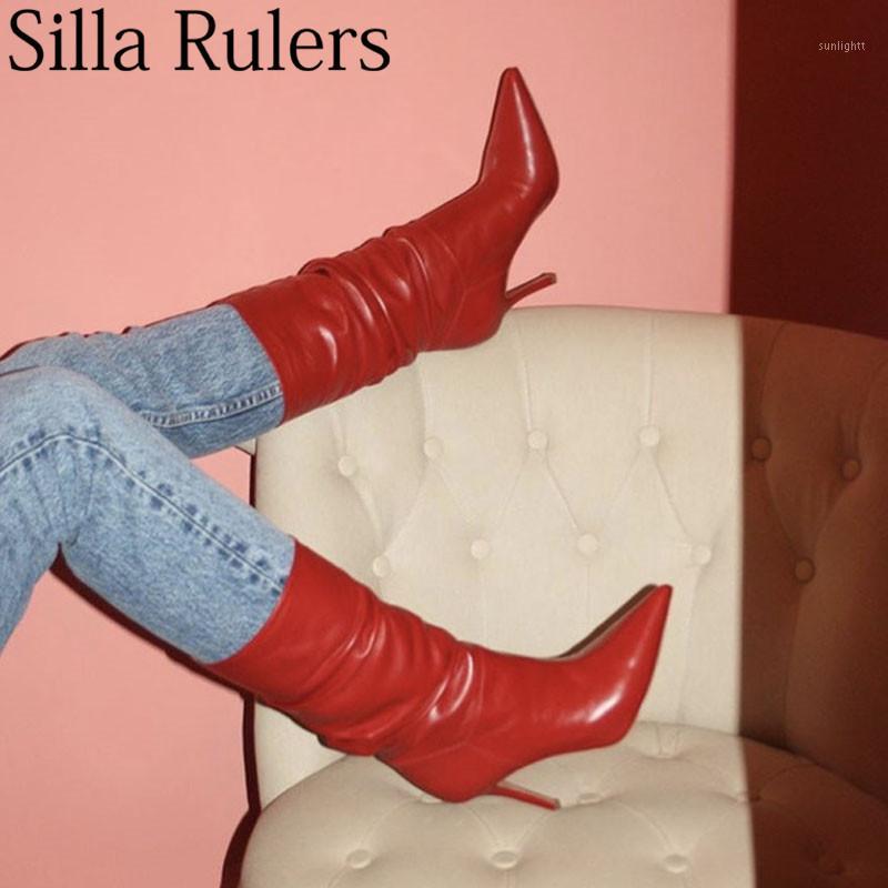 

Silla rulers New Fashion pointed toe short boots woman thin heels fold genuine leather short boots half woman party shoes1, Black