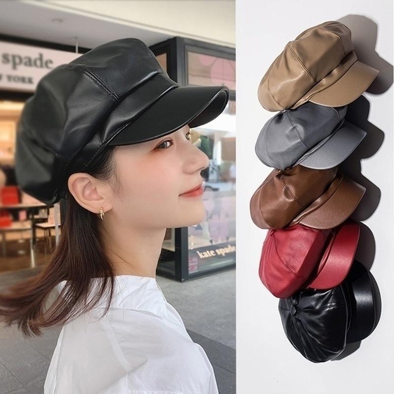 

Pu Achthoekige Cap Vrouwelijke Mode Lederen Cap Eend Tong Baret Vrouwen Hoed Winter Hoed, Black