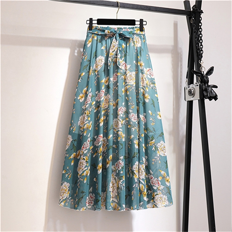 

2021 Floral Chiffon Long Fashion Summer Boho Holiday Line High Waist Skirt Plied Female with Belt Os5s, Green