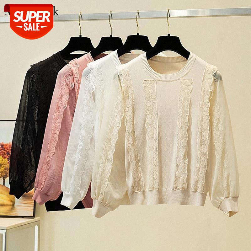 

Autumn Ruffles Elegant White Blouse Women 2021 Korean Long Sleeve Black Shirt Women Lace Patchwoek Knitted Womens Blouse 11730 #L19h