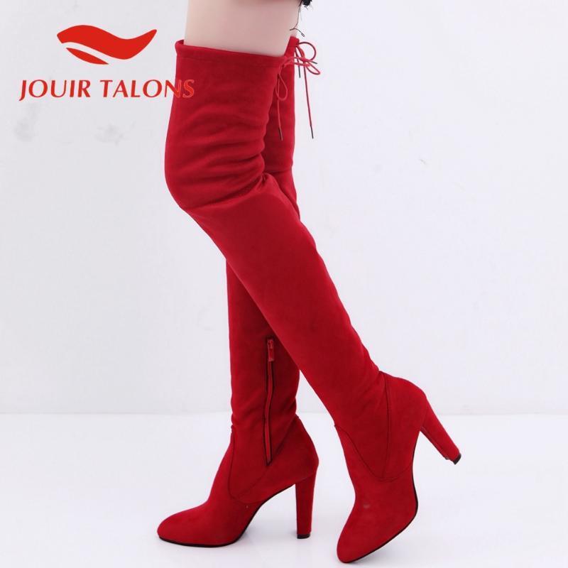

JOUIR TALONS High Quality Big Size 43 Shoes Woman Flock Spike Heels Round Toe Side Zip Over-the-knee Boots Autumn Female Shoes1, Black