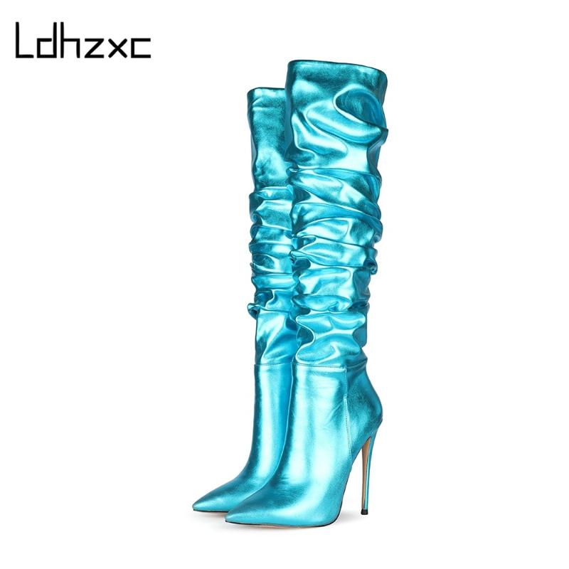

LDHZXC New 2020 Women Boots Thick High Heels Winter Knee High Boots Female Pointed Toe Fashion Shoes big size 42 43 44, Blue