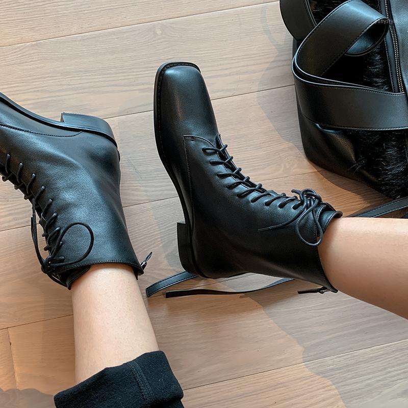 

2020 Genuine Leather Women's Ankle Boots Back Zipper square Toe low Thick Heels boots Autumn Working Party Shoes Woman1, Brown