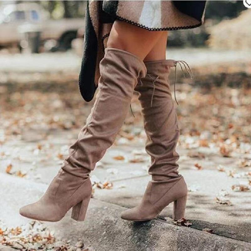

New Knee High Boots Women Lace Up High Heels Vintage Long Boots Autumn Winter Sexy Pointed Toe Platform Ladies Shoes Botas Mujer, As pic