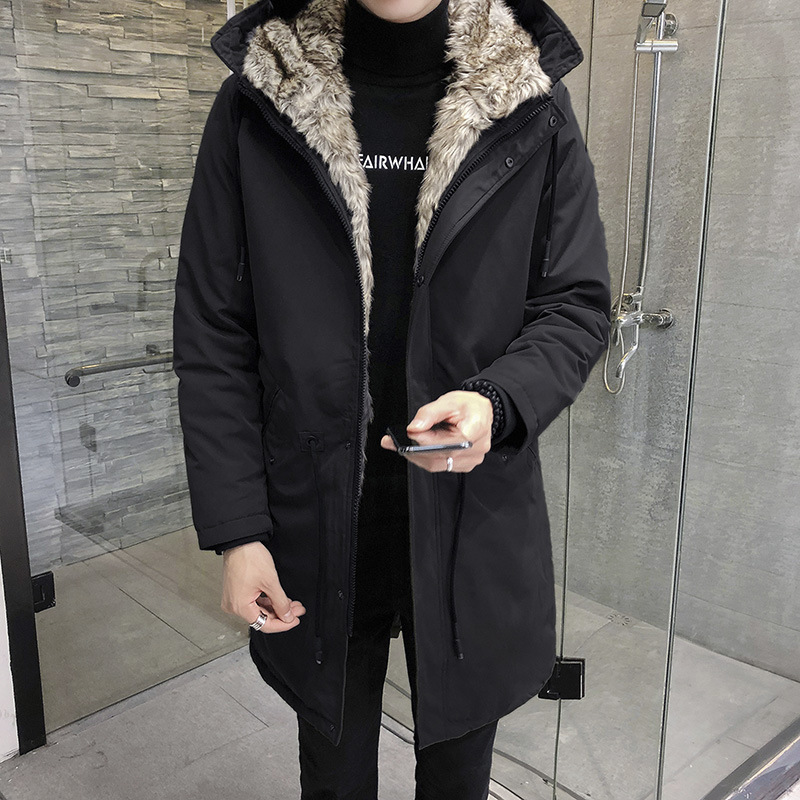 

Long Male Coat Winter Thick Korean Version the Trend of Large with Hood Black Cotton Jacket Size M-xxxl Ho98