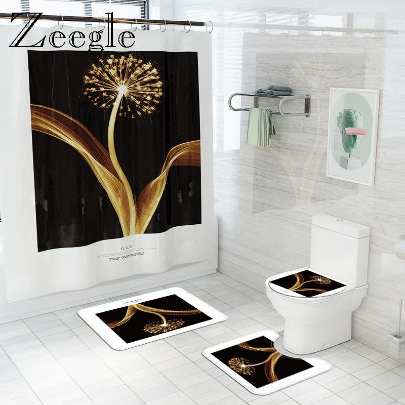 

Floral Printed Bathroom Bath Mat Waterproof Shower Curtain Absorbent U-Shaped Toilet Rug Anti-slip Floor Carpet Set