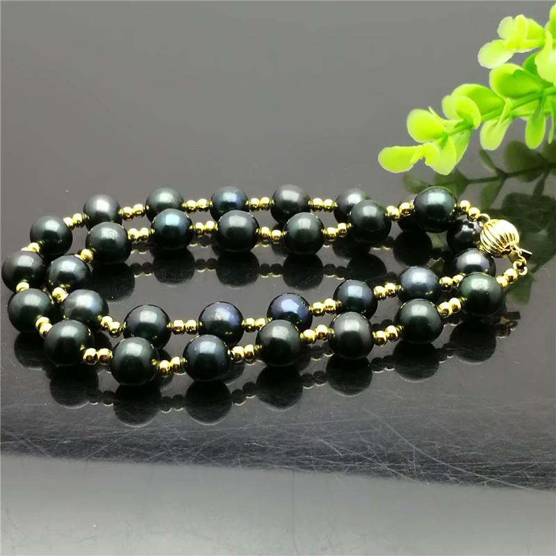 

Huge +9-10mm Natural bLACK Round Freshwater Cultured Pearl Necklace18Inch Golden Bead Lantern Button