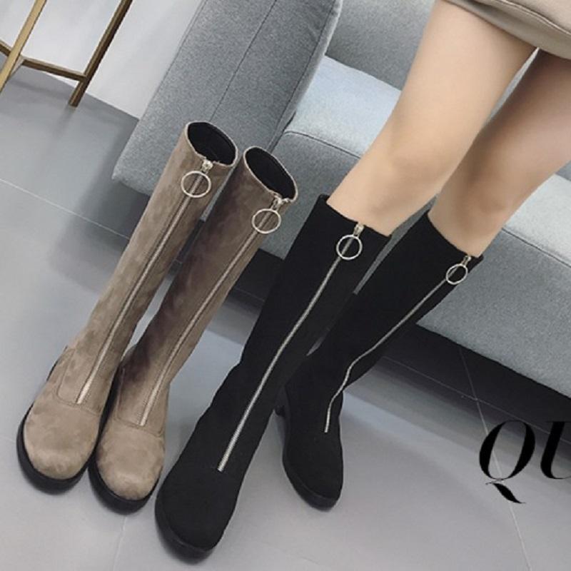 

19 autumn and winter new ladies high tube knight boots front zipper low heel thick with suede round head metal decorative boots, Beige