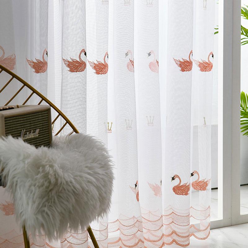 

Embroidered White Swan Tulle Window Curtains For Living Room Modern Pink Voile Sheer Curtains For Child Bedroom Kitchen Drapes