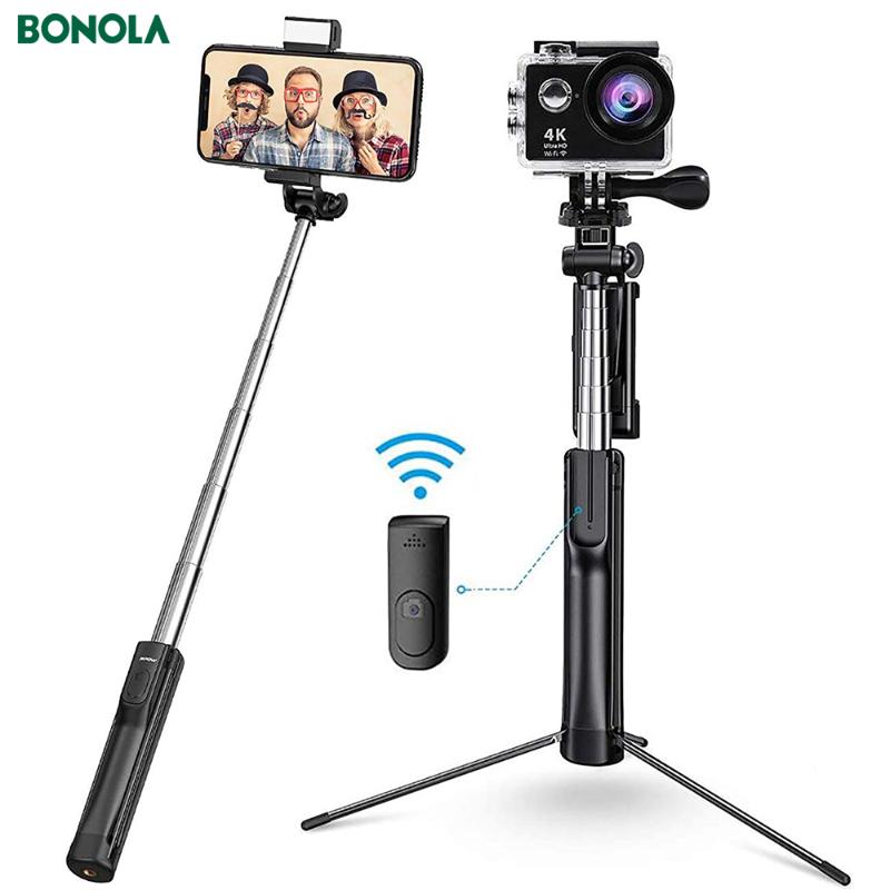 

BONOLA 3 in 1 Wireless bluetooth selfie stick for iP IOSAndroidGoPro foldable tripod with bluetooth remote control fill light