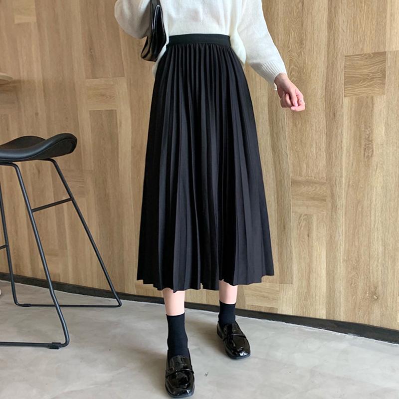 

2020 Winter Women Draped Rib Pleated Skirt Elastic High Waist Long Skirt Female Autumn Ladies High Quality Midi Saia, In sale