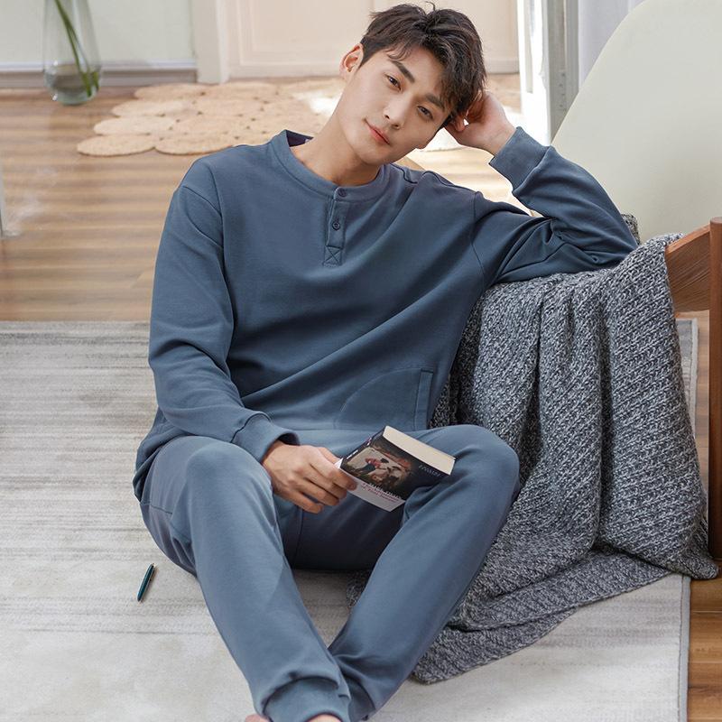 

Male Oversize 100% Cotton Pajamas Suits 2PCs Spring Autumn Sports Leisure Wear Breathe Freely Winter Homewear Long-Sleeves, Color 5