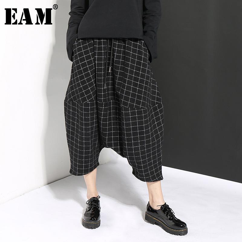 

EAM] High Elastic Waist Balck Plaid Print Harem Trousers New Loose Fit Pants Women Fashion Tide Spring Autumn 2020 JL349, Black