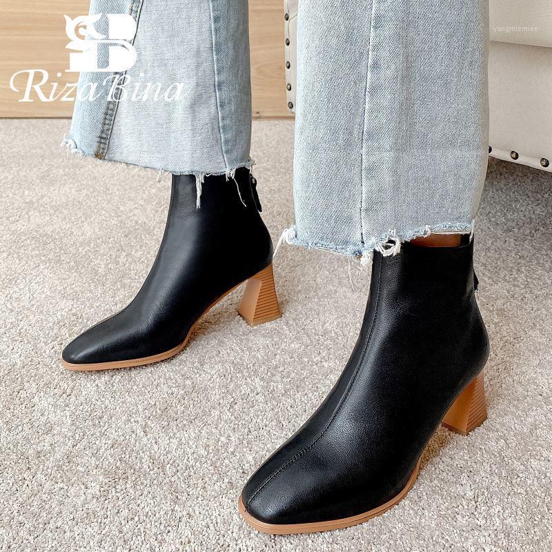

RIZABINA Real Leather Women Ankle Boots Thick Heel Pointed Toe Zipper Shoes Winter Warm Boots Fashion Footwear Size 34-391, Black
