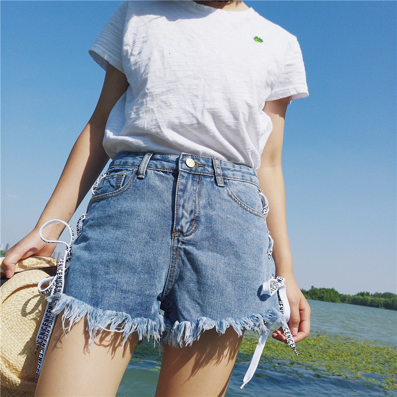 

New Women' breeches leisure cotton summer fashion high-waisted rope thin-legged broad denim shorts CR9Z, Light blue