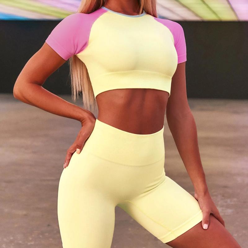 

CXUEY Short Sleeve Sports Shorts Yoga Set Women Exercise Outfit Fitness Suit 2021 Gym Workout Clothes for Women Tracksuit Yellow, Purple