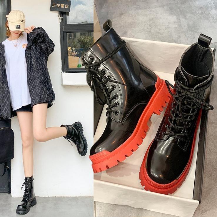 

Fashion Design Women Ankle Boots Thick Sole Short Booties Lace-up Platform Shoes Woman Boots Rubber Autumn Botas Mujer1, Red