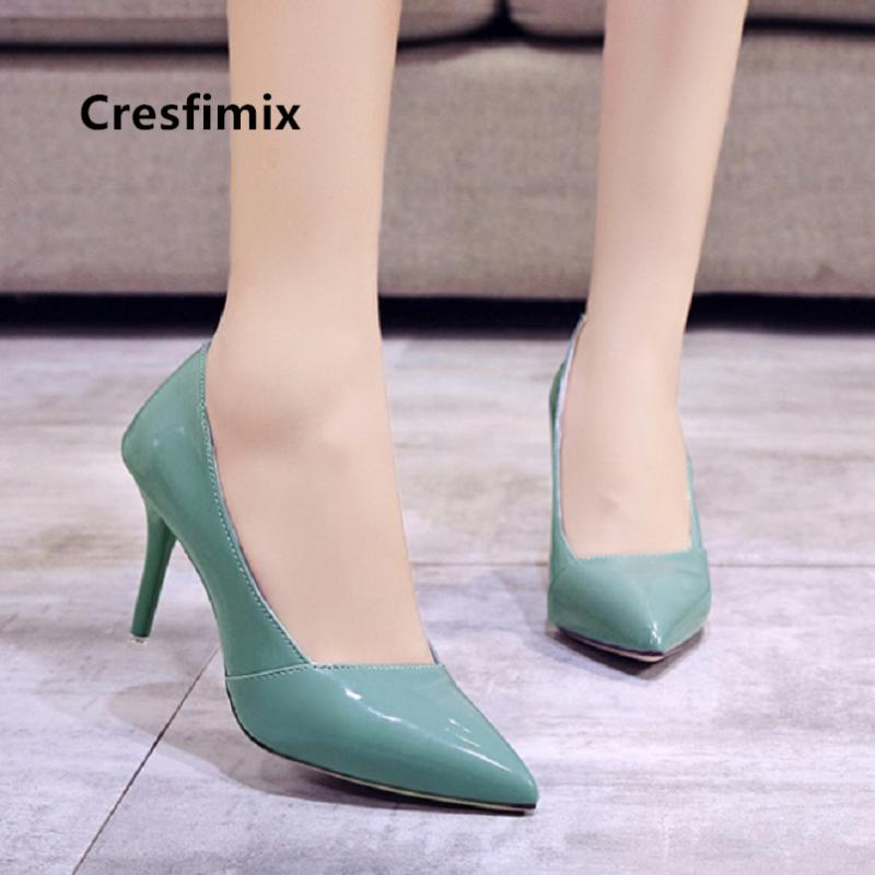 

Cresfimix talon femme lady cute sweet high quality black pu leather high heels women fashion office green heel shoes a5538
