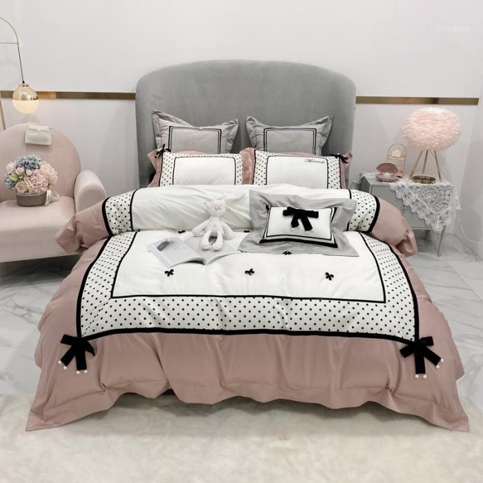 

Cute bow embroidery bedlinen Bedding Set King Queen Size Bed Linen 600TC egyptian Cotton Duvet Cover Bed Sheet Set Pillowcases1