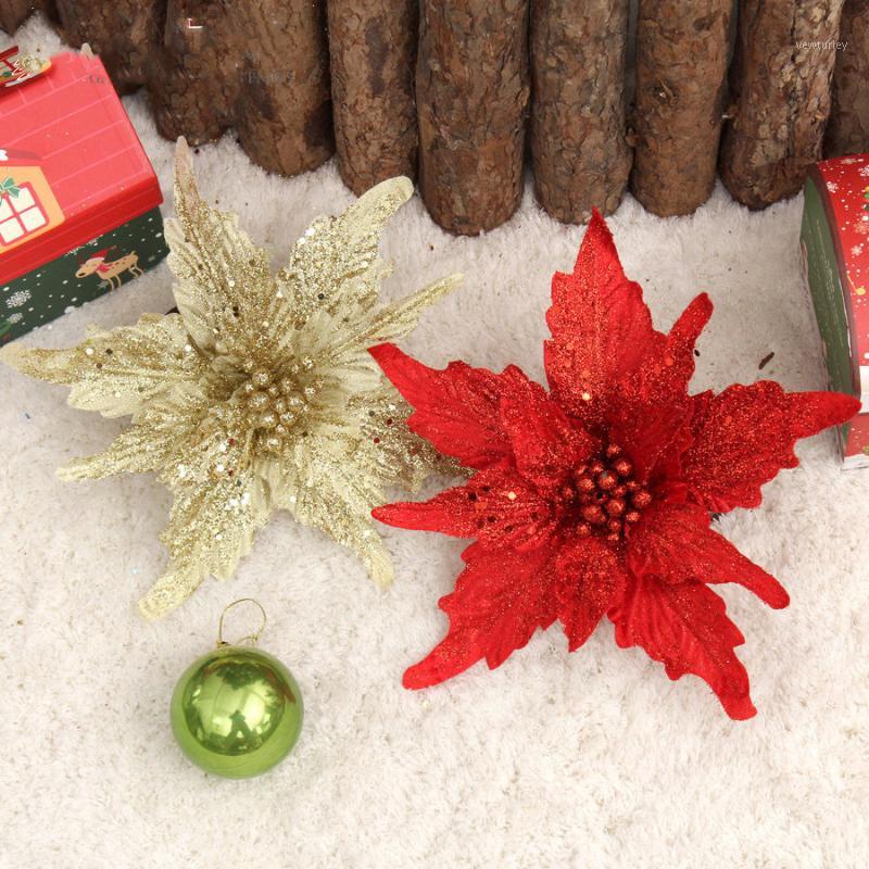 

5pcs Elegant Cuttings Artificial Pteris Flowers Glitter Poinsettia Home Ornaments Festivals Christmas Tree Decor Party Supplies1