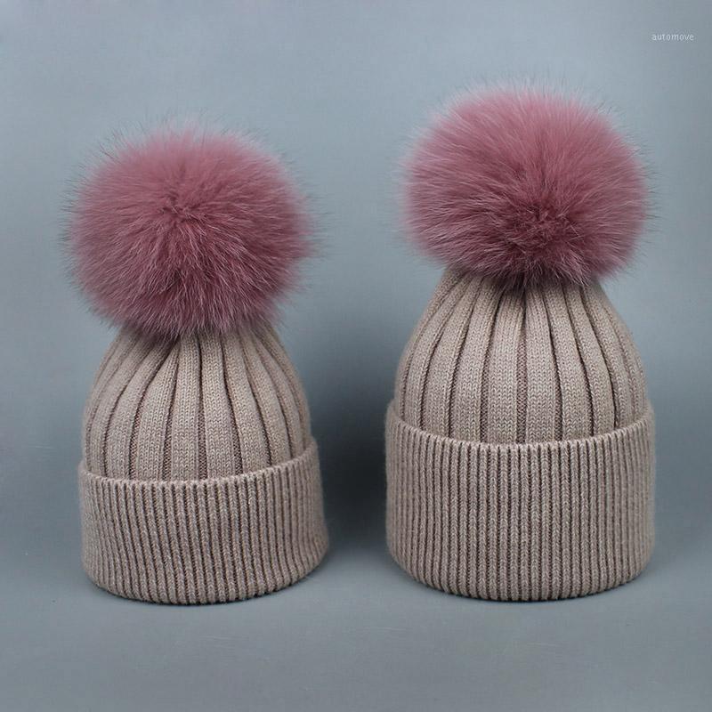 

Winter Wool Beanie Hat With Real Fur Pom Pom For Parent-child Knitted Hat Women Children Warm Casual Skullies Beanies Bones1