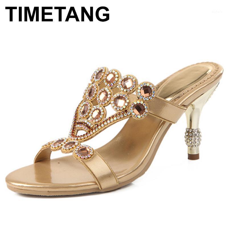

TIMETANG Women Rhinestone High Heels Slippers Party Shoes Open Toe Summer Slip Luxury Diamond High Heels Sandals Big Size 43 441, Blue